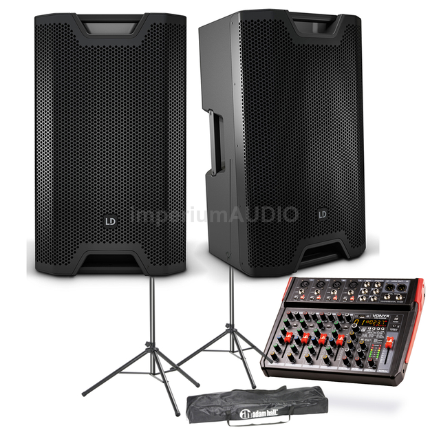 LD SYSTEMS ICOA 15A i 15A BT Zestaw kolumn aktywnych + statywy + Vonyx VM-KG08 Mikser 8-kanałowy