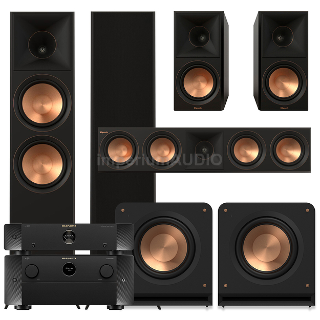Klipsch Seria II RP-8000F + RP-600M + RP-504C + 2x RP-1200SW + Marantz AMP 30 + AV 30 Zestaw kolumn kina 5.2
